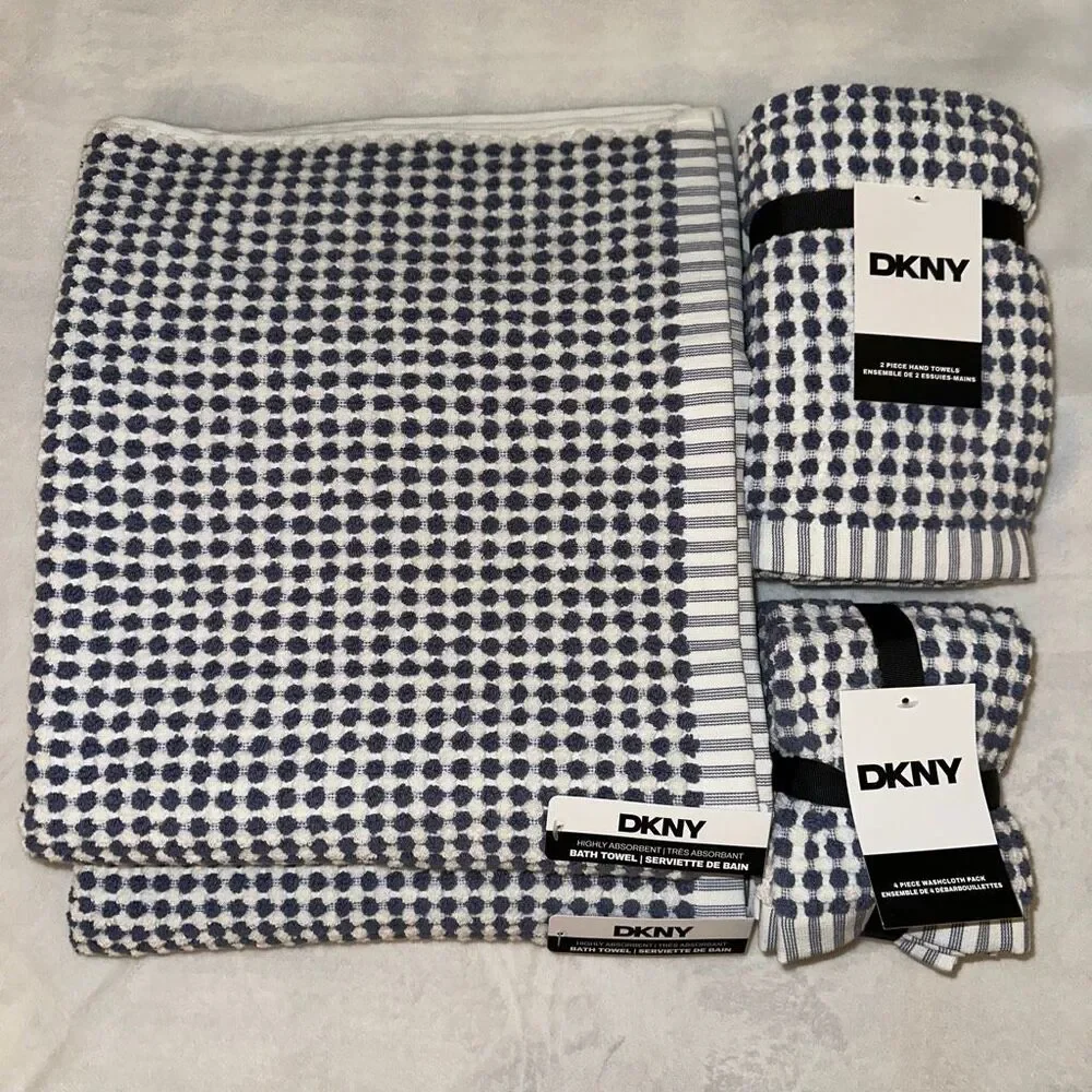 DKNY Bath Towel Set Dusty Navy Blue White Pattern 8 Pieces Total NWT